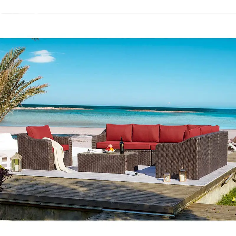 8 Pcs Outdoor Sectional Sofa All-Weather Conversation Set w/ Red Cushion, Coffee Table