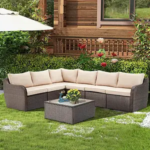 7 Pcs Patio Rattan Sectional Sofa Set w/ Ergonomic Curved Armrest , Khaki Cushion & Glass Table