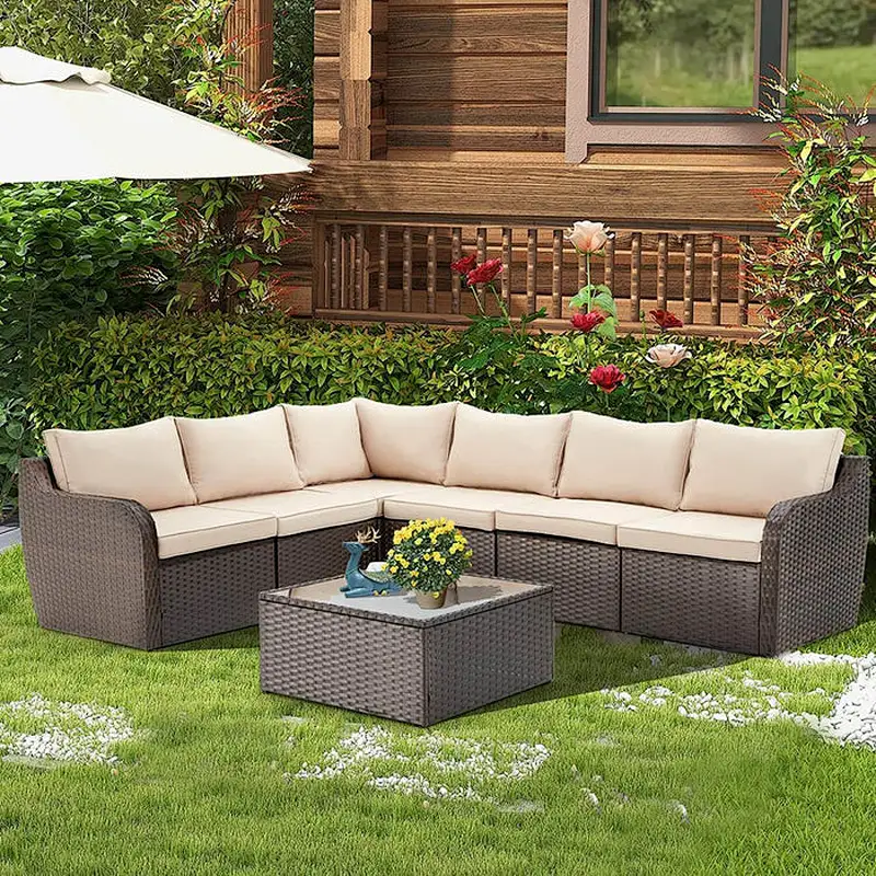 7 Pcs Patio Rattan Sectional Sofa Set w/ Ergonomic Curved Armrest , Khaki Cushion & Glass Table