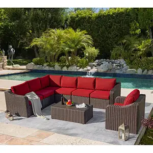 8 Pcs Outdoor Sectional Sofa All-Weather Conversation Set w/ Red Cushion, Coffee Table