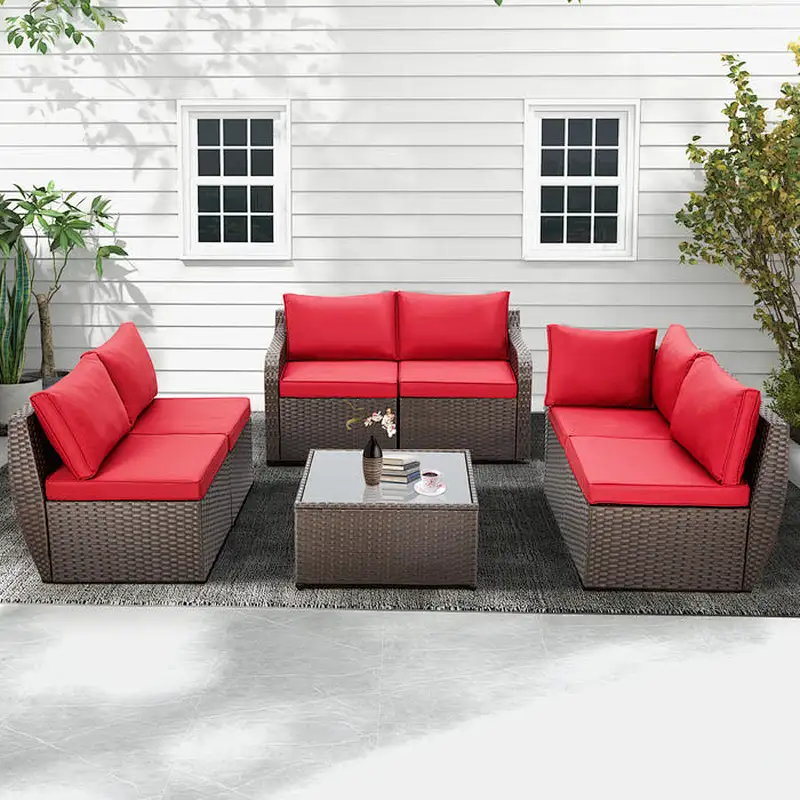 7 Pcs Patio Rattan Sectional Sofa Set w/ Ergonomic Curved Armrest, Red Cushion & Glass Table