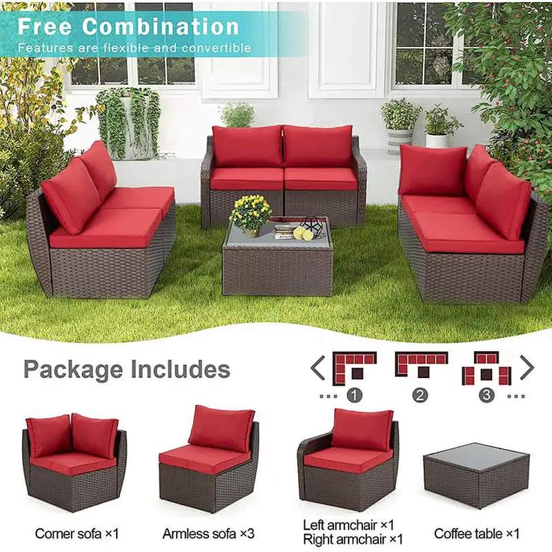 7 Pcs Patio Rattan Sectional Sofa Set w/ Ergonomic Curved Armrest, Red Cushion & Glass Table