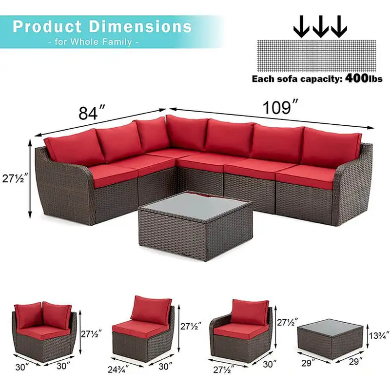 7 Pcs Patio Rattan Sectional Sofa Set w/ Ergonomic Curved Armrest, Red Cushion & Glass Table