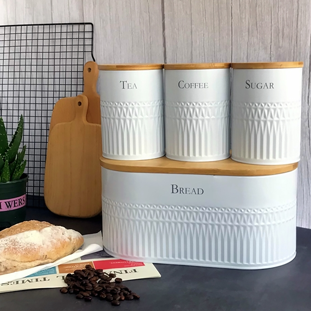 kitchen storage set include 3 tea coffee sugar canisters and a bread box