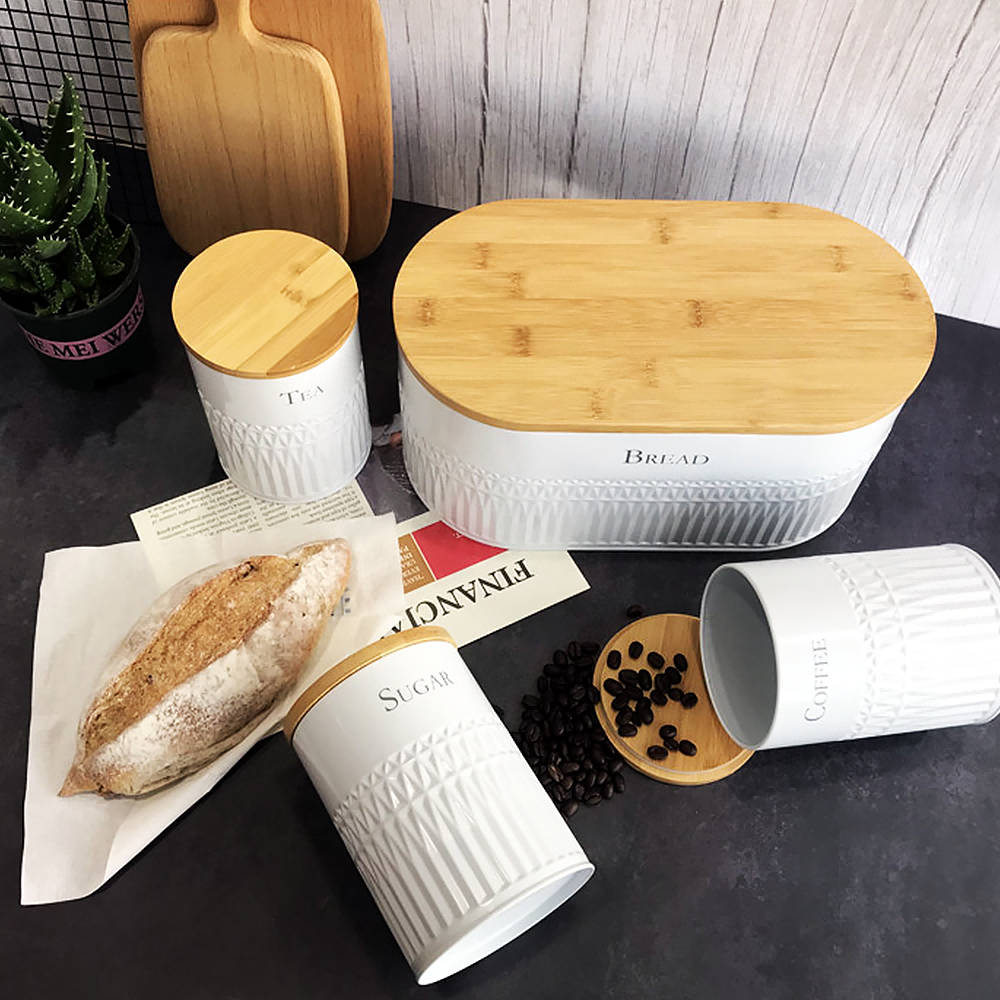 diamond kitchen storage set with bread and coffee bean at a table