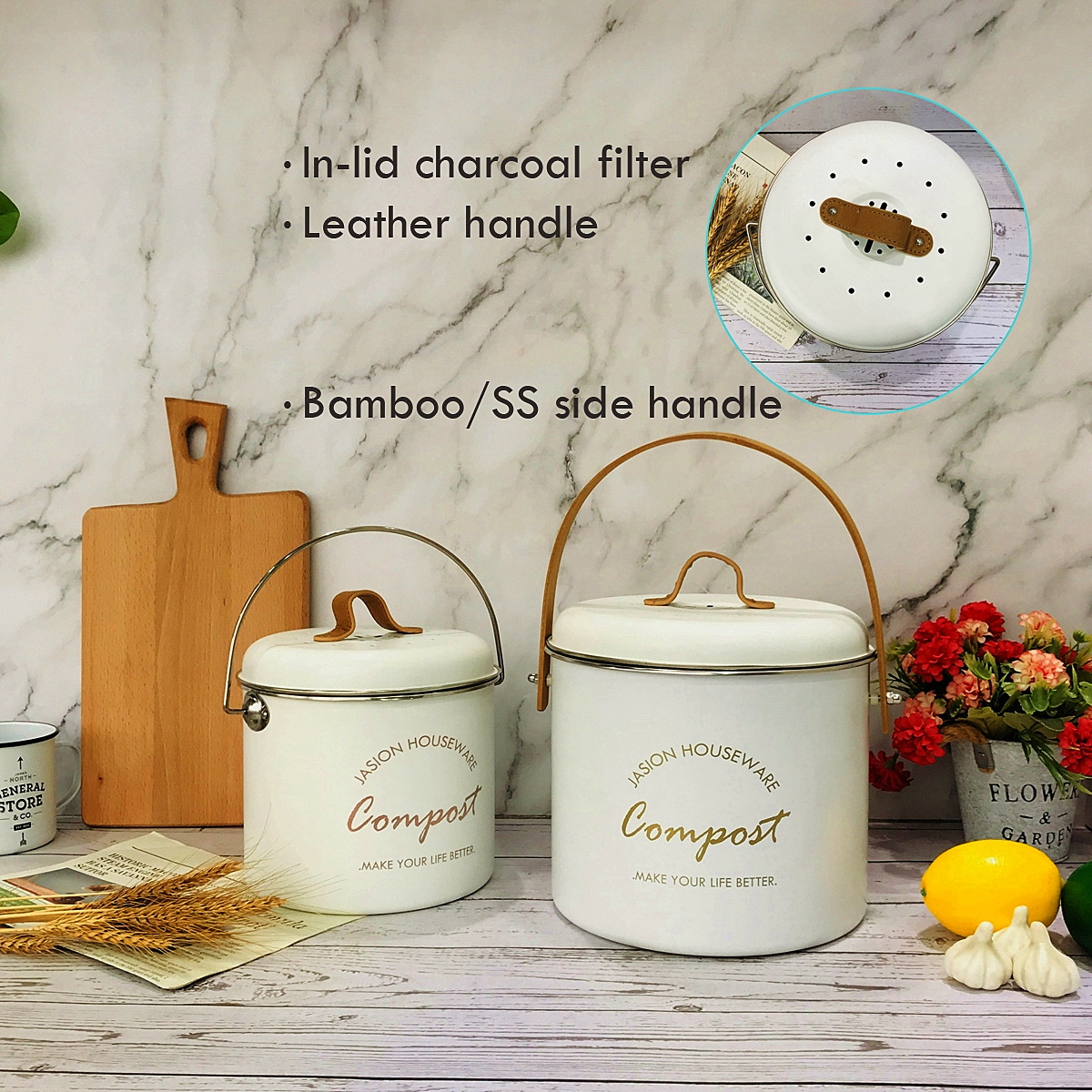 2 size kitchen compost caddy display in a table