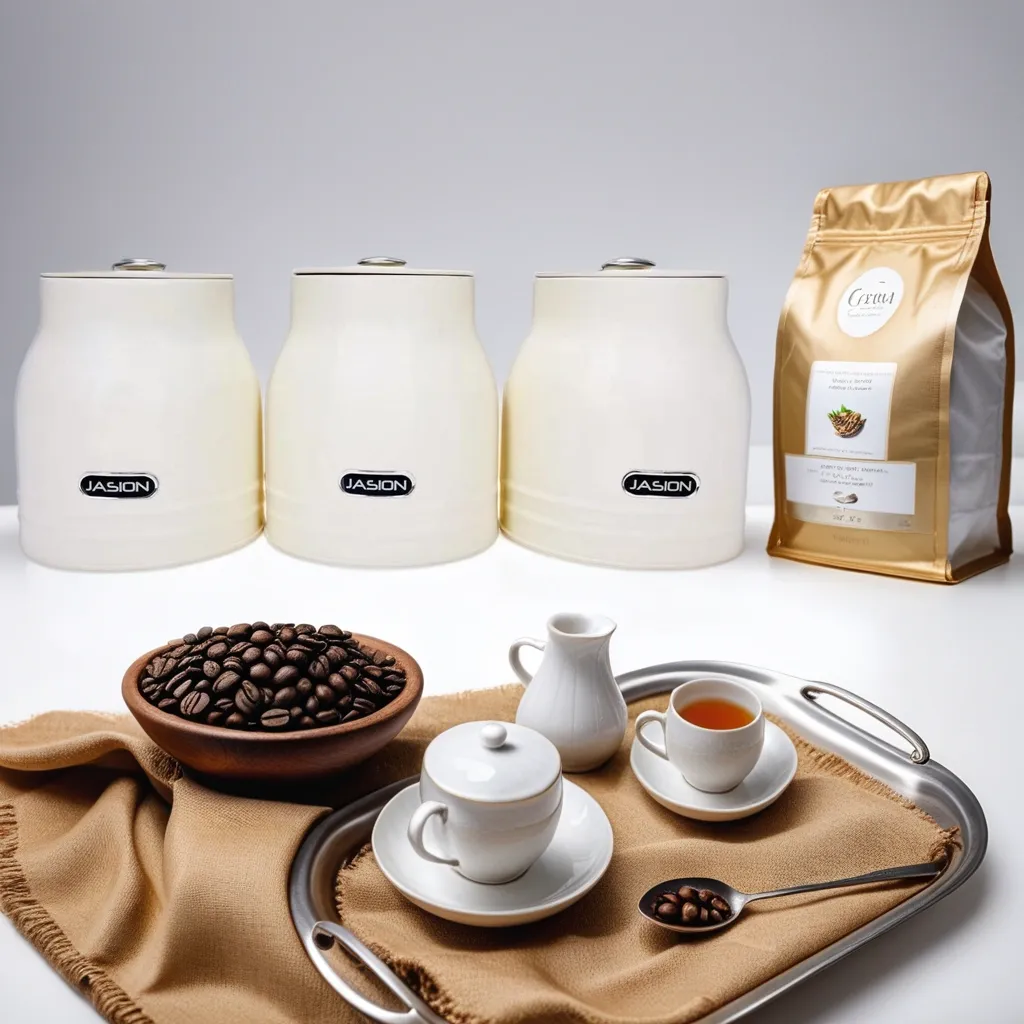 Tea coffee sugar cream canisters with coffee bean and a cup of tea