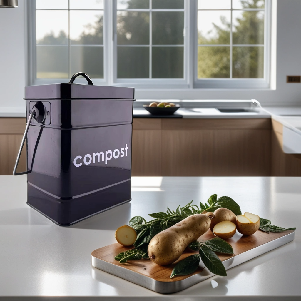 black kitchen counter compost bin in kitchen with vegetable