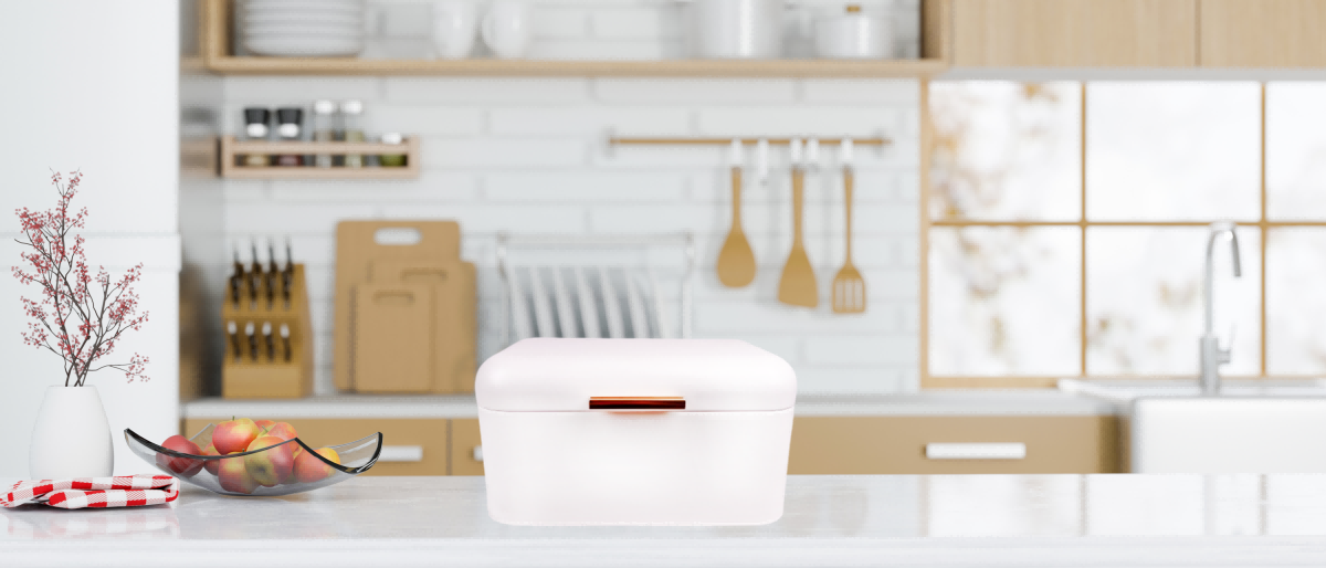 white bread bin with gold handle bar