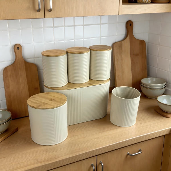 kitchen storage set include 3 tea coffee sugar canisters and a bread box