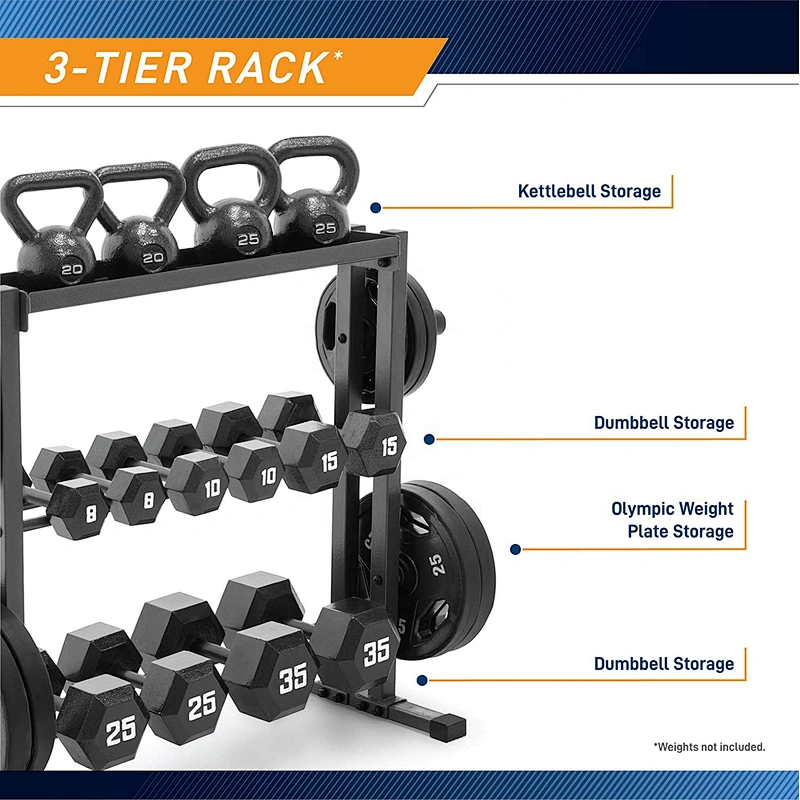 Gym equipment fitness machine weights storage squat rack for dumbbells, kettlebells, and weight plate