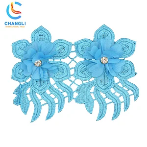 Blue rose-shaped hand-embroidered lace with diamonds