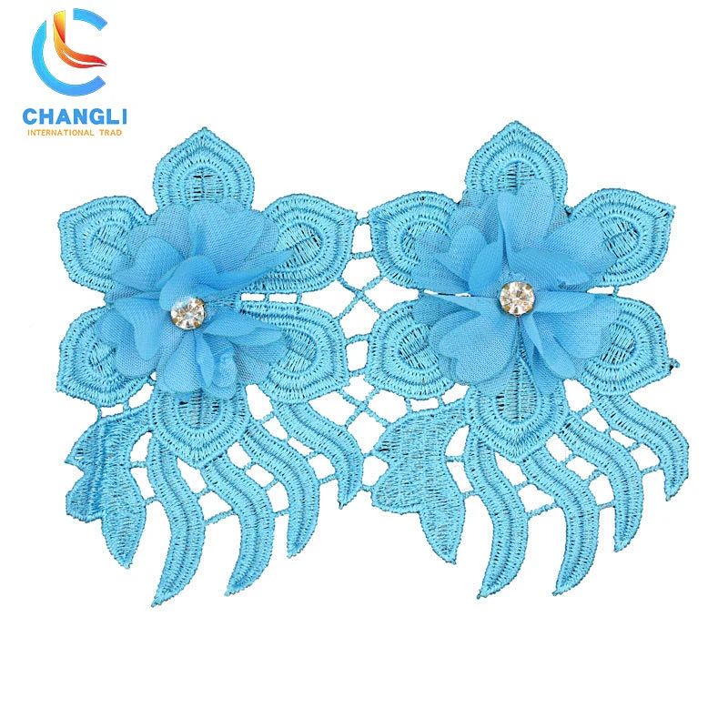 Blue rose-shaped hand-embroidered lace with diamonds