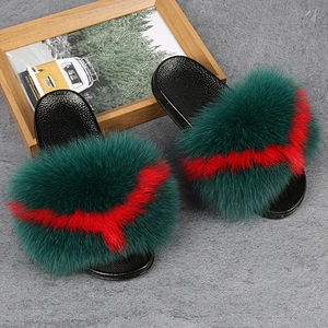 Greatshoe wholesale fashion raccoon fur customized logo faux fox for ladies furry slippers