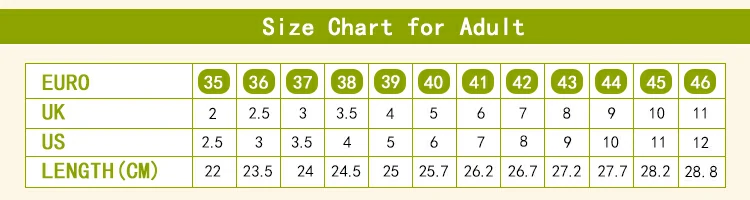 size chart for adult