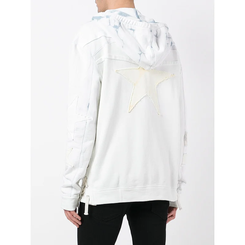 White cotton laced zipped with applique star patch hoodie