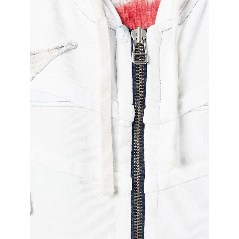 White cotton laced zipped with applique star patch hoodie