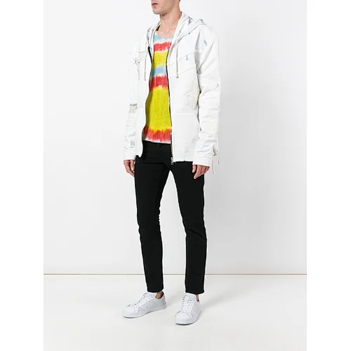 White cotton laced zipped with applique star patch hoodie
