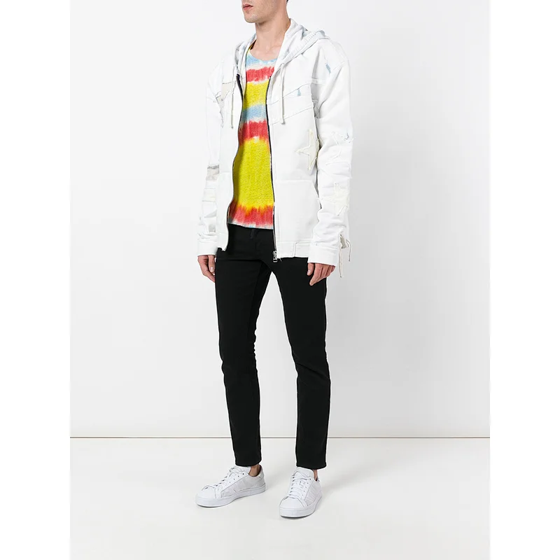 White cotton laced zipped with applique star patch hoodie