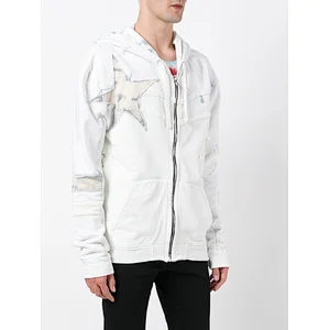White cotton laced zipped with applique star patch hoodie
