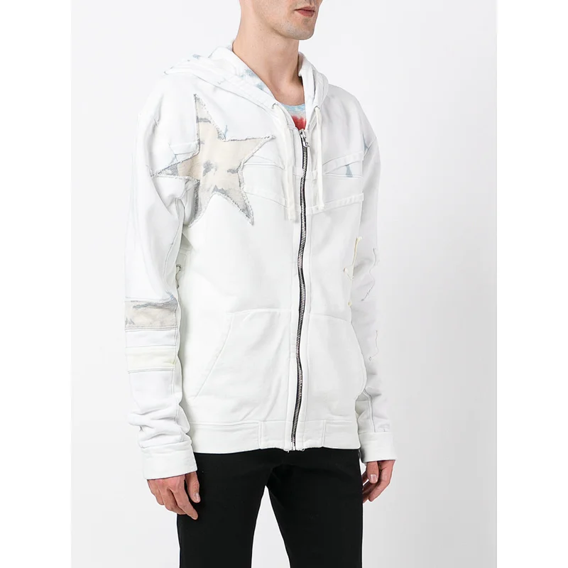 White cotton laced zipped with applique star patch hoodie