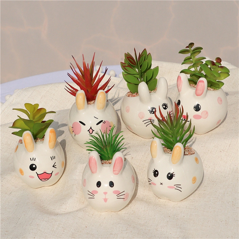 Ceramic Decorative Potted Cute Cartoon Bunny Rabbit Mini Plastic Artificial Plants For Home office Garden  Decor