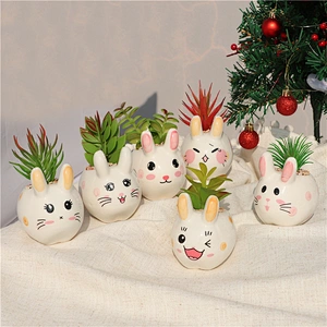 Ceramic Decorative Potted Cute Cartoon Bunny Rabbit Mini Plastic Artificial Plants For Home office Garden  Decor