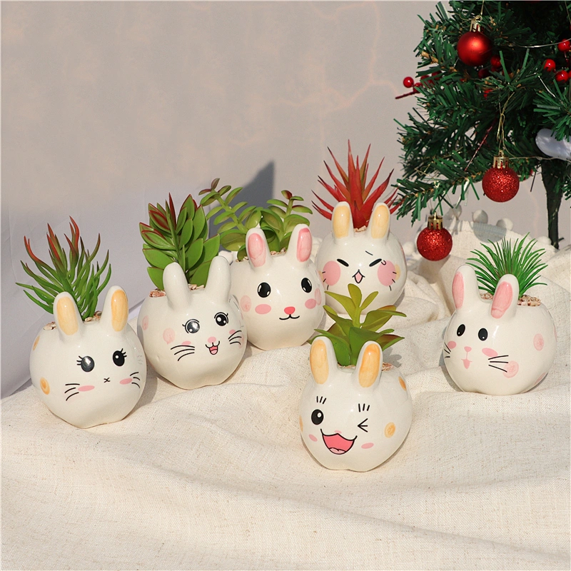 Ceramic Decorative Potted Cute Cartoon Bunny Rabbit Mini Plastic Artificial Plants For Home office Garden  Decor