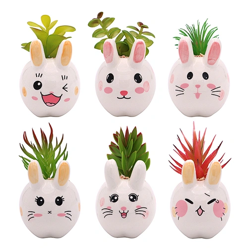 Ceramic Decorative Potted Cute Cartoon Bunny Rabbit Mini Plastic Artificial Plants For Home office Garden  Decor