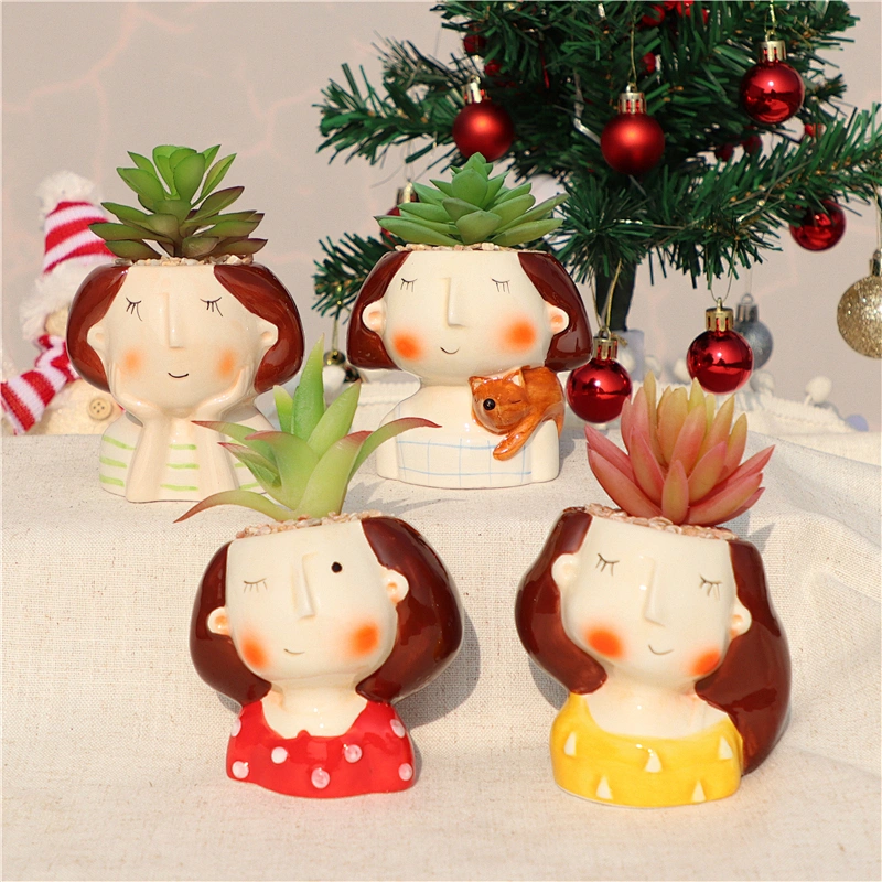 Cute cartoon Girl Ceramic Flower Pot For Succulents Cactus Plants Mini Pot Planter Home Garden Decoration