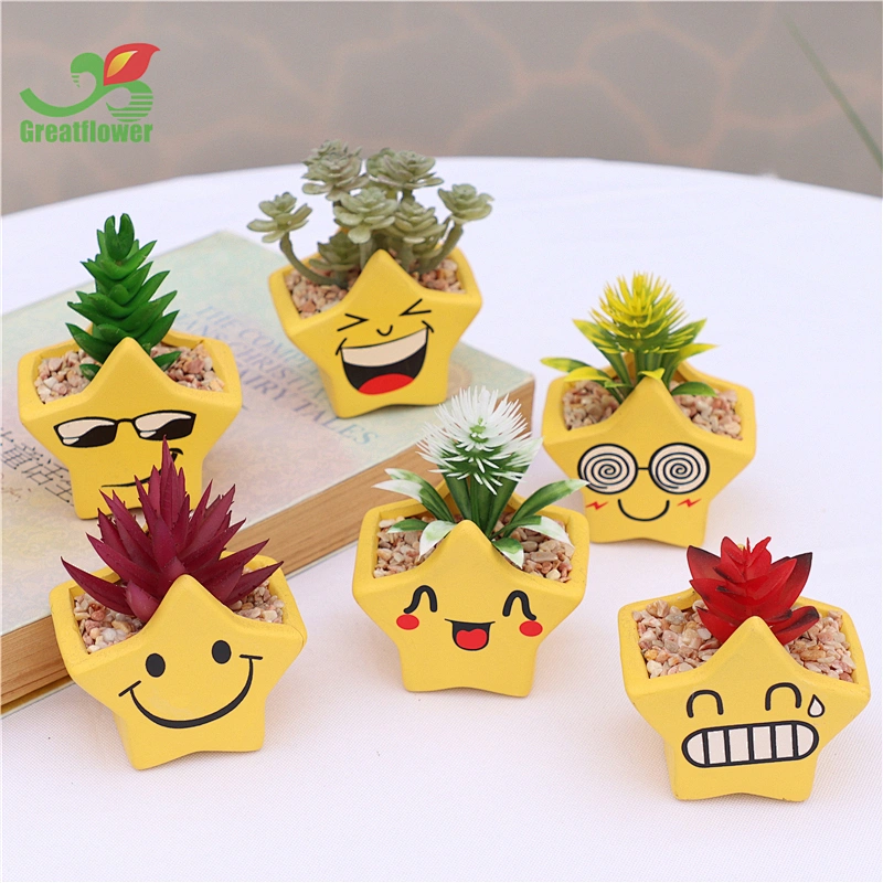Cute Smile Face Yellow Star Shaped Pot Artificial Plants Decoration Simulated Flower
