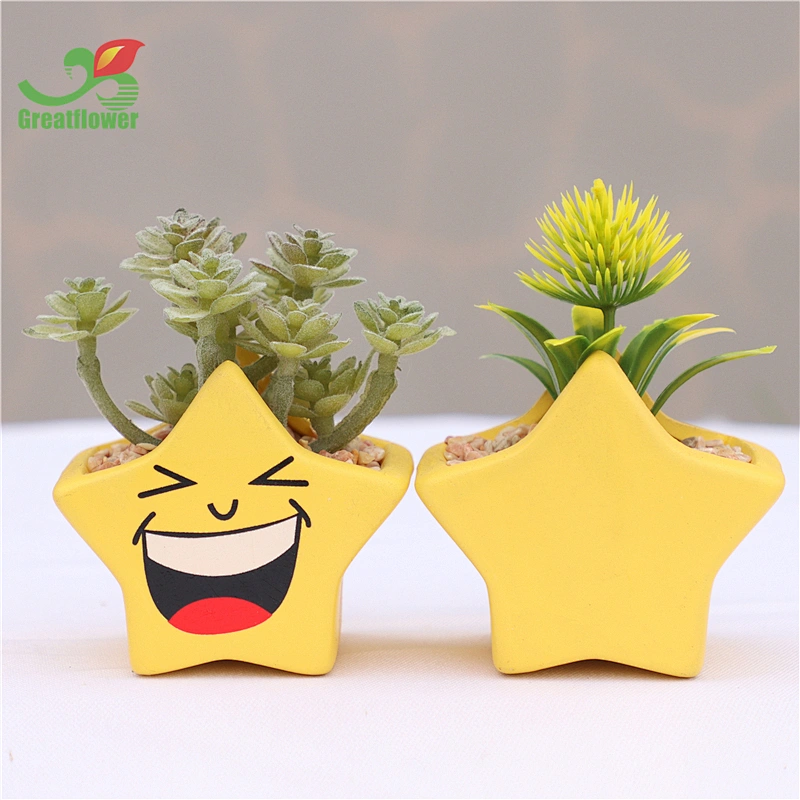 Cute Smile Face Yellow Star Shaped Pot Artificial Plants Decoration Simulated Flower