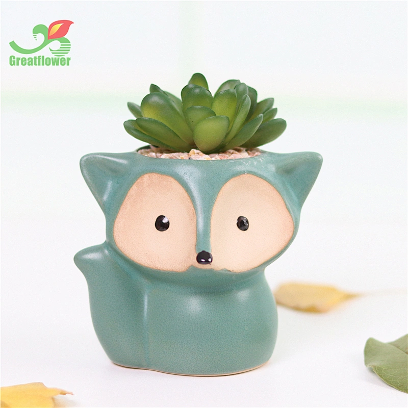 Ceramic cute animal fox Fox Shape Flower Thumb Pot  with life like Artificial Succulents for decor