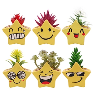 Cute Smile Face Yellow Star Shaped Pot Artificial Plants Decoration Simulated Flower