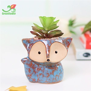 Ceramic cute animal fox Fox Shape Flower Thumb Pot  with life like Artificial Succulents for decor