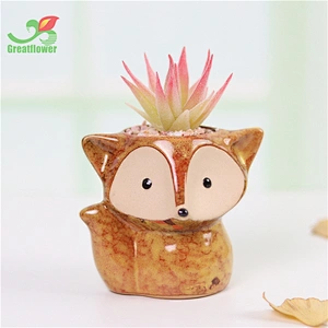 Ceramic cute animal fox Fox Shape Flower Thumb Pot  with life like Artificial Succulents for decor