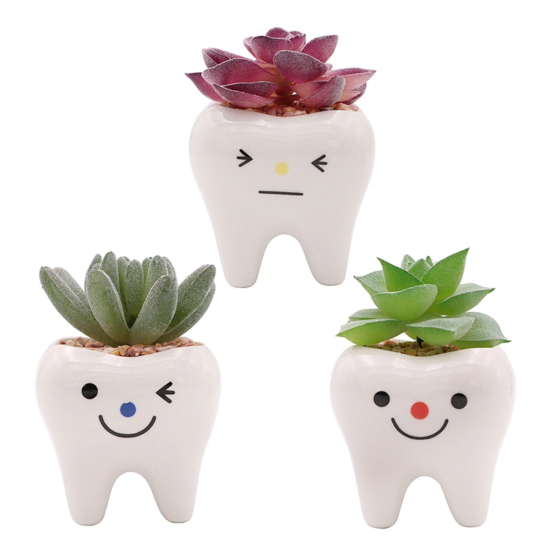 3 Pack Ceramic Tooth Pot Plant Artificial Flocking Succulent Cute Mini Gift