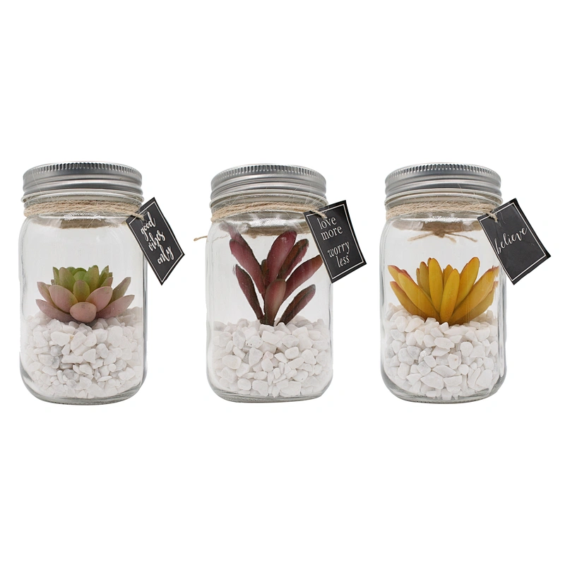 Glass Jar Mini Artificial Plants With Special Rope Design White Rocks