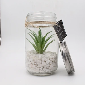 Glass Jar Mini Artificial Plants With Special Rope Design White Rocks
