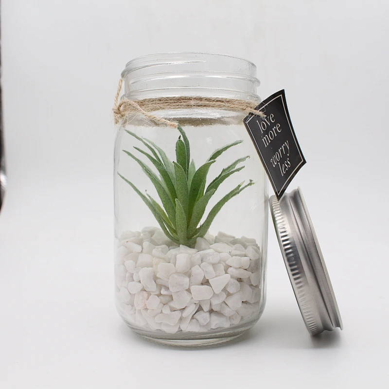 Glass Jar Mini Artificial Plants With Special Rope Design White Rocks