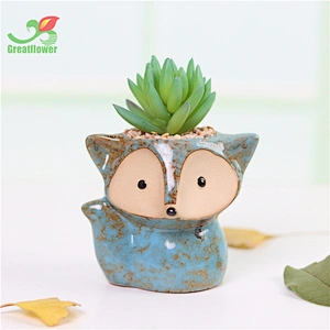 Ceramic cute animal fox Fox Shape Flower Thumb Pot  with life like Artificial Succulents for decor