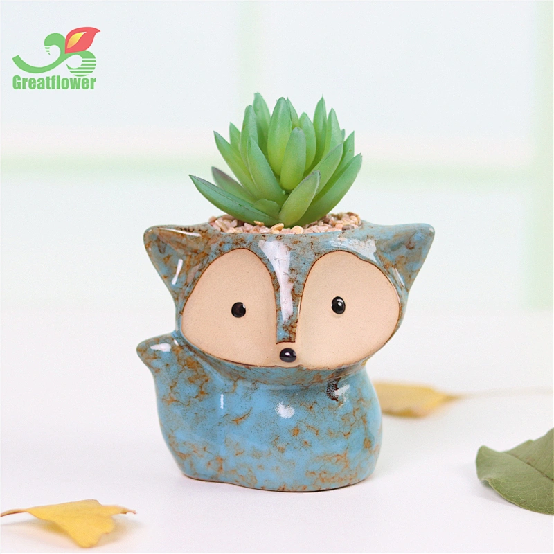 Ceramic cute animal fox Fox Shape Flower Thumb Pot  with life like Artificial Succulents for decor