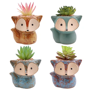 Four Colors Ceramic Animal Fox Pot With Artificial Plants Table Simulated Succulent Decoration