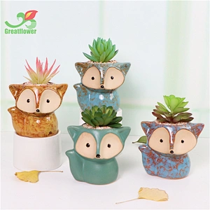 Ceramic cute animal fox Fox Shape Flower Thumb Pot  with life like Artificial Succulents for decor