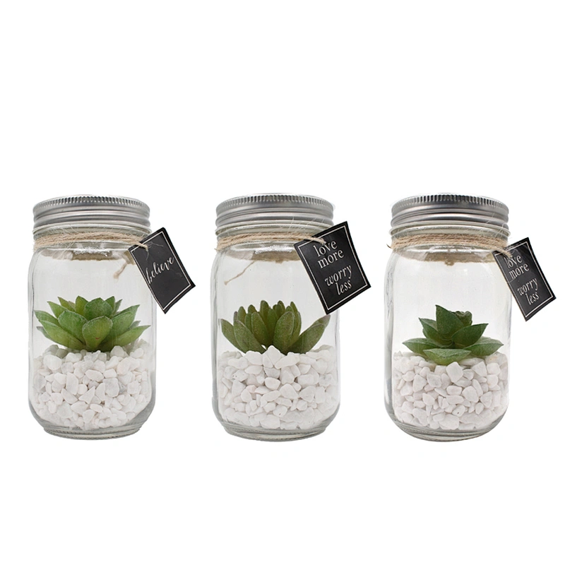 Glass Jar Mini Artificial Plants With Special Rope Design White Rocks