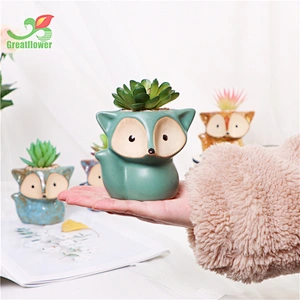 Four Colors Ceramic Animal Fox Pot With Artificial Plants Table Simulated Succulent Decoration