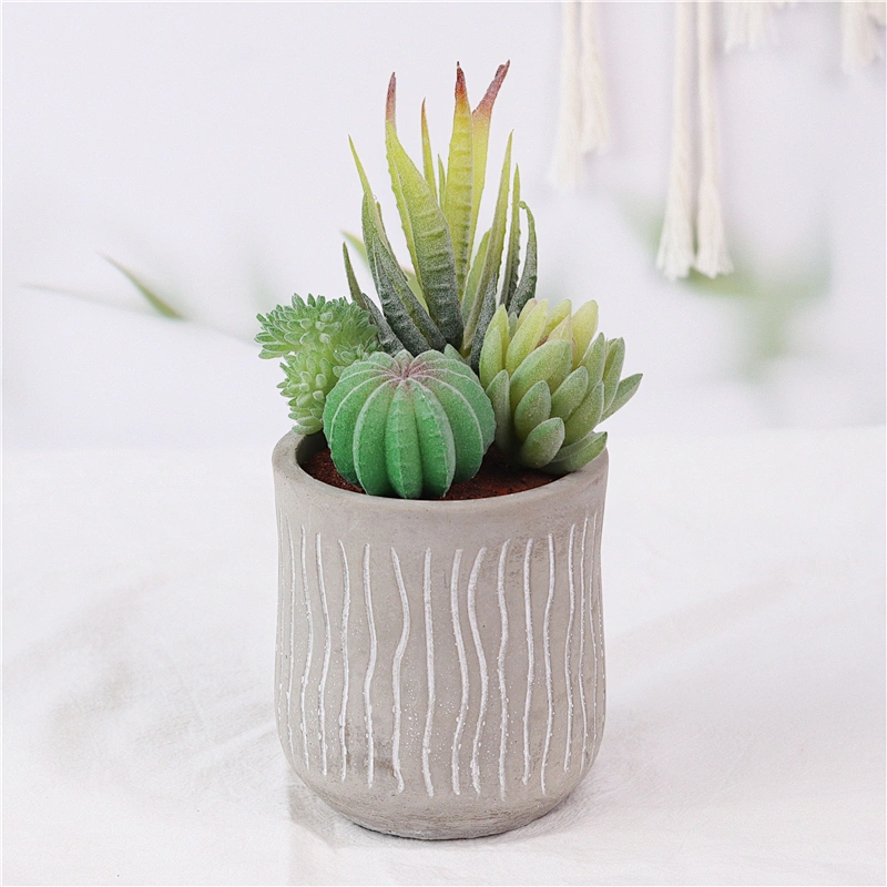 Realistic Plastic Flower in Grey Cement Pot for Table Decoration