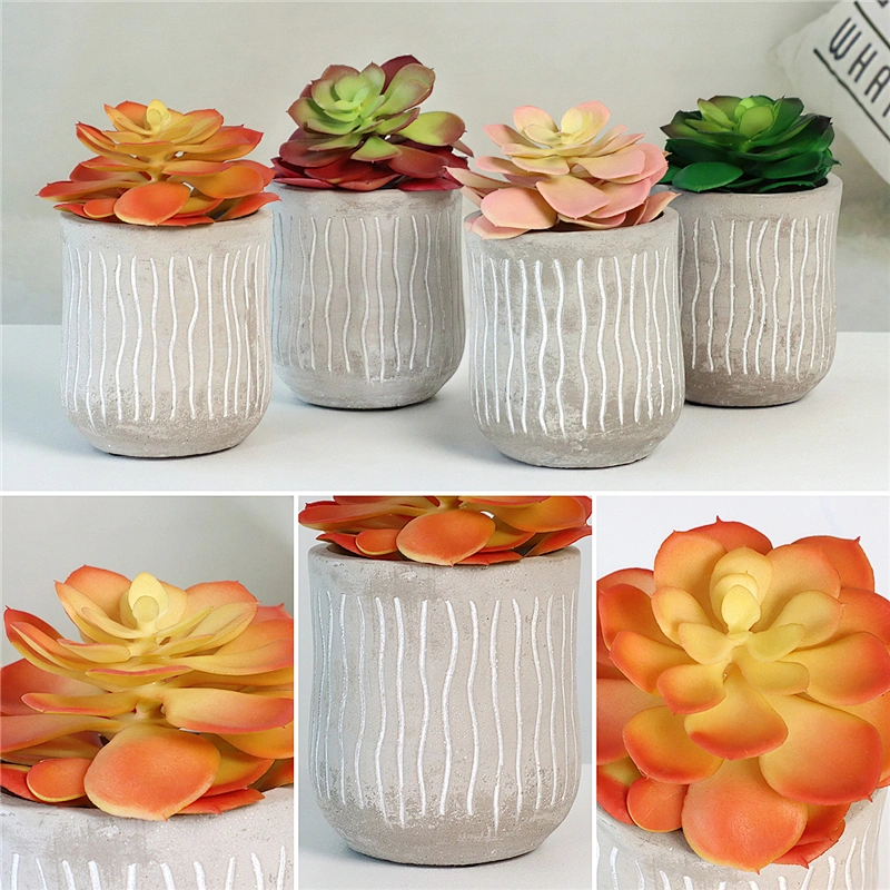 Realistic Plastic Flower in Grey Cement Pot for Table Decoration