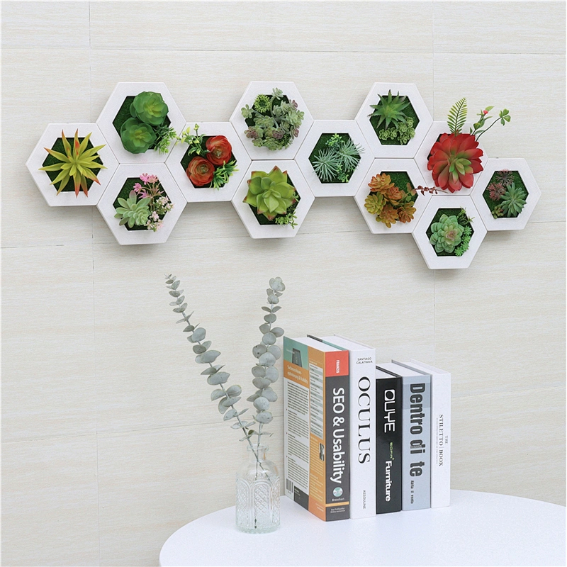 Hanging 3D Hexagon Frame  Plastic Flower Plants Greenery Wall Art