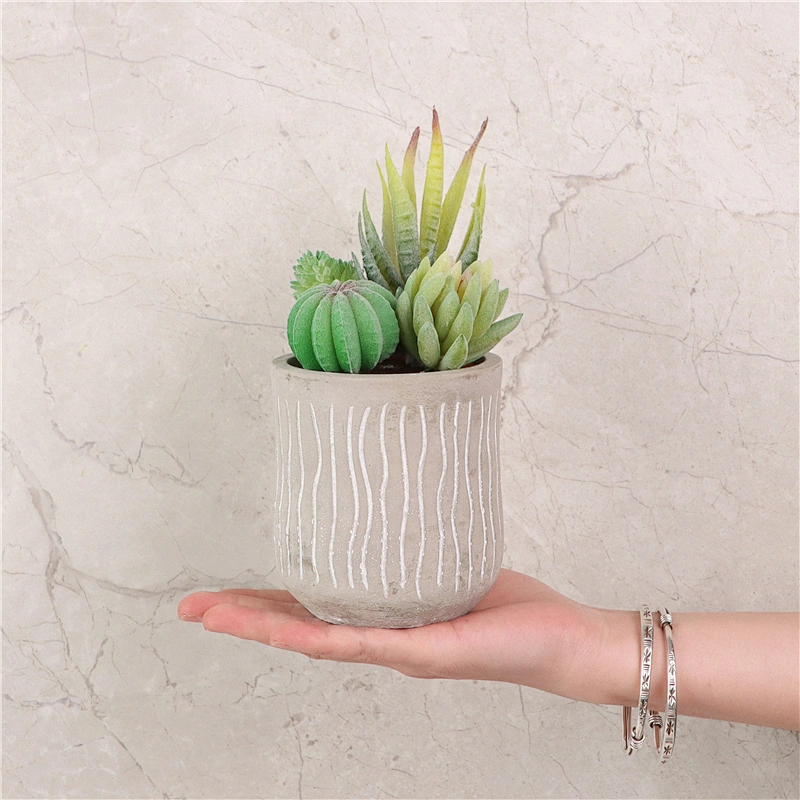 Realistic Plastic Flower in Grey Cement Pot for Table Decoration